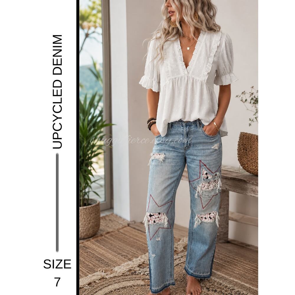 MSRP: $68 | ✨ Upcycled Eucina Baseball Star Distressed Jeans Size 7✨QUICK SHIP